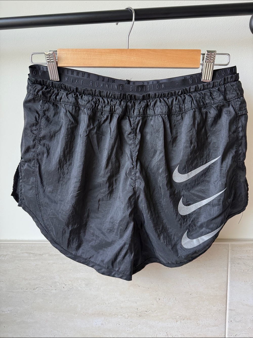 Nike Black Athletic Running Shorts with Silver Swoosh Trio